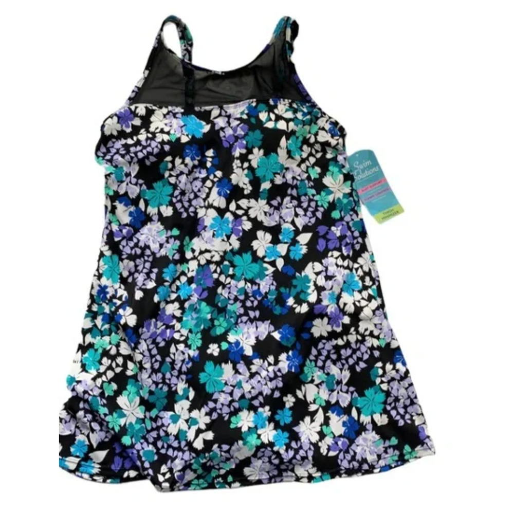 Swim Solutions Tummy Control Blue High-Neck Mesh Swimsuit Swimdress 12 NEW